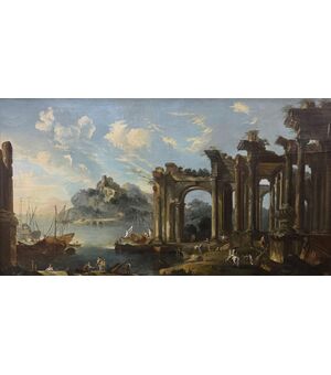 Capriccio with architectural ruins and harbor view - painting on canvas