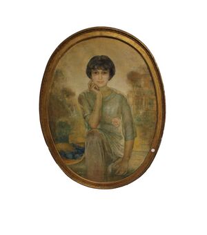 Olio su tela ritratto fanciulla in stile Liberty - XX secolo