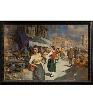 Mercato napoletano - Dipinto firmato - XX secolo - olio su tela