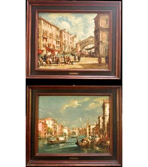 Coppia di dipinti olio su tela raffiguranti vedute veneziane.E.Zeno ( Eugenio Bonivento,Chioggia 1880- Milano 1956).