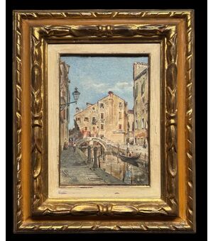Dipinto tempera su cartoncino  raffigurante veduta veneziana.Firmato.