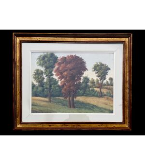 Dipinto tempera su cartoncino con paesaggio boschivo.Firma Bruno Furlotti.