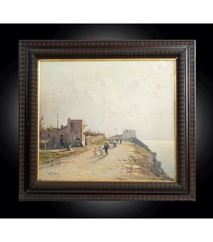 Dipinto antico olio su tela con cornice coeva firmato"Nicolas De Corsi 1882-1956" raffigurante una fascia costiera.