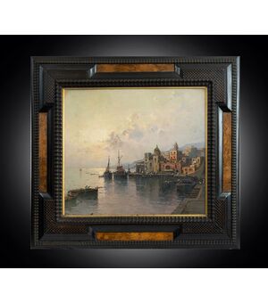 Dipinto antico olio su tavola con cornice coeva firmato"Nicolas De Corsi 1882-1956" raffigurante una veduta di Torre del Greco.