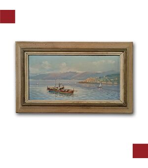 DIPINTO CON MARINA E BARCHE PRIMA META’ XX SECOLO