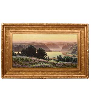 DIPINTI ANTICHI PAESAGGI, LAC DE CHAMBLY, DIDIER POUGET, OLIO SU TELA, PRIMI DEL NOVECENTO. (QP706)