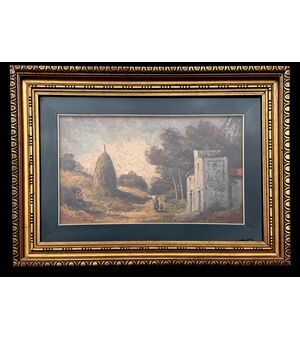 Dipinto olio su tela raffigurante paesaggio con figure ed architetture.
