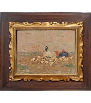 " SCENA RURALE CON GALLINE E PULCINI" - GIOVANNI LOMI (1889 - 1969)