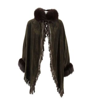 1980s Christian Dior Greenish Brown Suede Cape Coat Trimmed with Fox Fur
