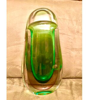  Vaso in vetro pesante sommerso con toni verde-viola.Flavio Poli,Seguso vetri d’arte.Murano