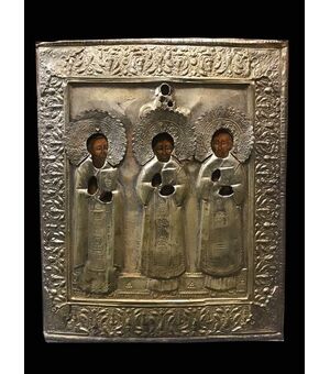 Interessante icona con rappresentazione dei santi Apollinare, Sidonio e Avito - XIX°