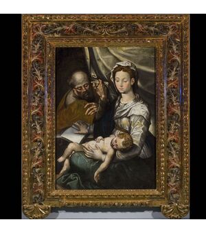Dipinto olio su tela con cornice originale raffigurante Sacra Famiglia prima metà del 1600 Spagna