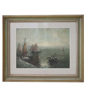 Dipinto olio su tela marina con pescatori, quadro firmato, sec. XX PREZZO TRATTABILE