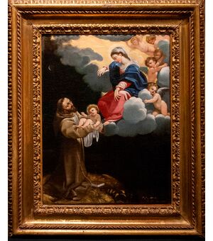 Francesco Brizio (Bologna, 1574 - 1623), Saint Francis of Assisi receives the Infant Jesus from the Madonna, oil on canvas     