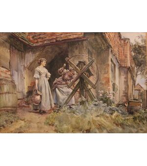 "In giardino" 1895, tecnica mista su carta, opera firmata di Walter Frederick Roofe TYNDALE