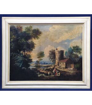 Dipinto olio su tela "Paesaggio animato con torre" - Italia inizio XX sec.