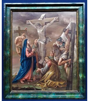 Oil painting on wood &quot;Crucifixion&quot; - Italy 18th century.     