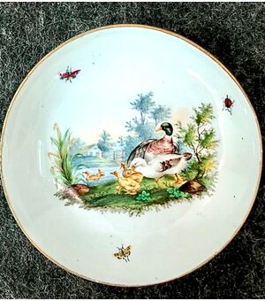 Porcelain saucer depicting ducks and ducklings with rural landscape.Meissen manufacture.     