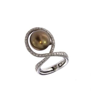 Anello Saturno con perla chocolate e diamanti