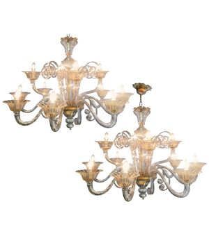 Charming Pair of Murano Chandeliers by Seguso, 12 Arms, Murano, 1980s