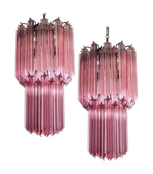 Charming Pair of Triedri Glass Chandeliers, Pink Prism, Murano