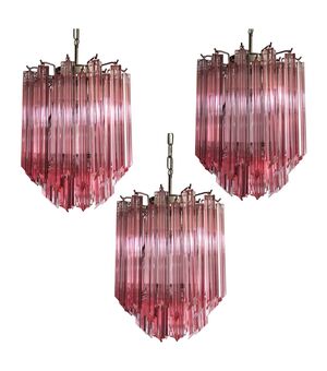 Amazing Trio of Quadriedri Glass Chandeliers, Pink Prism, Murano