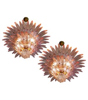 Pair of Italian Chandeliers with Pink Leaves, Murano