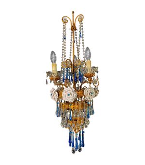 Lovely Chandelier with White Roses and Blue Drops, Murano, 1950s