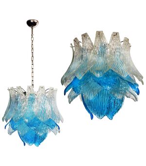 Pair of Italian Murano Chandeliers Blue and Transparent Leaves, Murano, 1980s