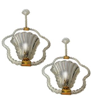 Pair of Art Deco Chandeliers by Ercole Barovier, Murano, 1940