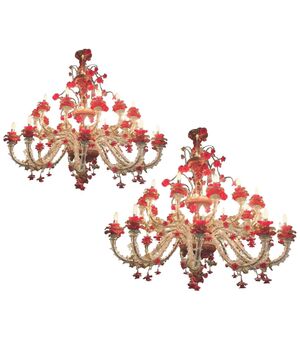Pair of Sumptuous Murano Chandelier Red and Gold, 1980s