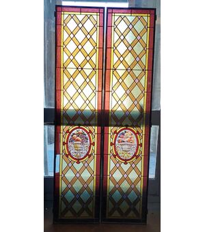 pan316 - n. 2 liberty colored glass doors, to be restored, cm l 87 xh 146     