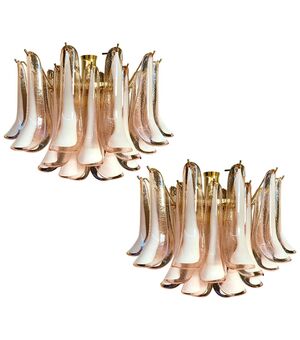 Pair of Italian Chandeliers Pink and White Petals, Murano, 1990