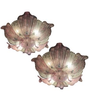 Pair of Midcentury Italian Ceiling Lamps Pink Glass, Murano, 1990s