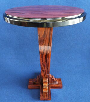 Tavolino tondo stile Art Deco in radica di mogano