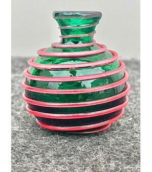 Small green glass vase with red spiral.Seguso manufacture.Murano.     
