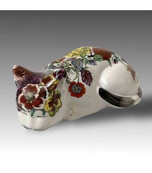 FORNASETTI, White flowered crouching cat, hand painted ceramic sculpture     