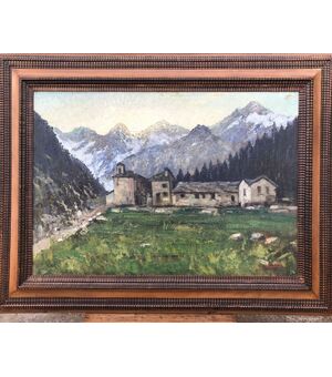 Dipinto olio su tela raffigurante paesaggio montano.Autore:Umberto Montini ( Milano 1897-Busto Arsizio 1978).