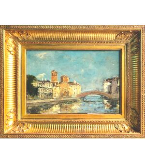 Dipinto olio su tavola,veduta di venezia.Firma Leonardo Gavagnin.(Venezia 1809-1887)