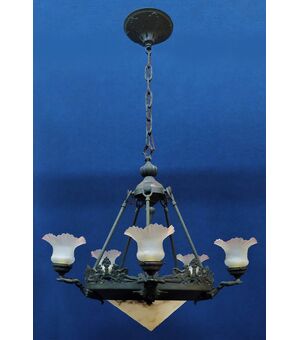 Liberty chandelier in bronze, glass and alabaster - France early 20th century     