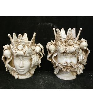 Rara coppia di Ceramiche di Caltagirone - Moro e Principessa - H 32 cm - Prima metà del 20° secolo - Sicilia