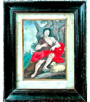 Small painting, tempera on paper, young Saint John the Baptist with lamb     