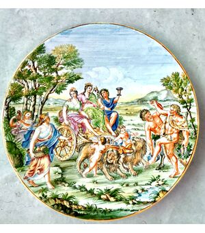 large majolica plate with historiated decoration, Manifattura Minghetti, Bologna.     