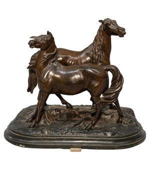 Statua francese in bronzo con cavalli - O/2677 -