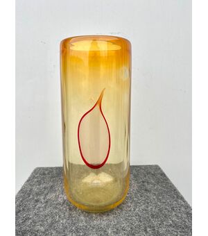 Heavy sommerso glass vase with flame and gold leaf decoration.Cenedese manufacture, Murano.     