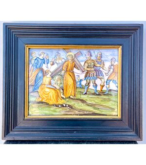 Polychrome majolica tile within an ebony frame depicting the scene of the Via Crucis.Candeloro Cappelletti.Castelli d&#39;Abruzzo.     