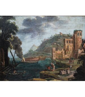 Coastal landscape and ships under repair, painter active in Rome at the end of the 17th century     