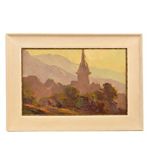 DIPINTI ANTICHI, ART DECO, PAESAGGI AD OLIO CON CHIESA, PITTORI DEL 900 SECOLO. (QP383)