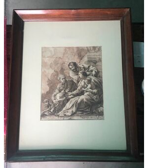 Ink drawing depicting the Holy Family with Saint John the Baptist, by Simón Vouet, France.     