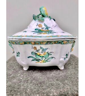 Tureen in majolica with lateral grips in the shape of twigs, rocaille motifs in paste and decoration with floral and vegetable motifs. Fruit-shaped socket. Sannita earthenware.     